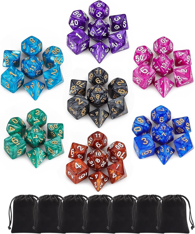 QMAY Polyhedral Dice Set - 7 x 7 (49 Pieces) DND Dice with 7PCS Black Drawstring Bags Great for Dungeons and Dragons, RPG, MTG,Role Playing Table Games D4 D6 D8 D10 D% D12 D20 - Image 1