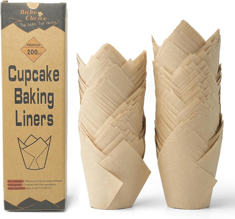 Bake Choice [Nordic 75GSM Paper] 200pcs Natural Tulip Cupcake Liners for Baking Cups, Unbleached EU Parchment paper Tulip Muffin Liners, Cupcake Wrapper for Party, Christmas by Bake Choice - Image 1