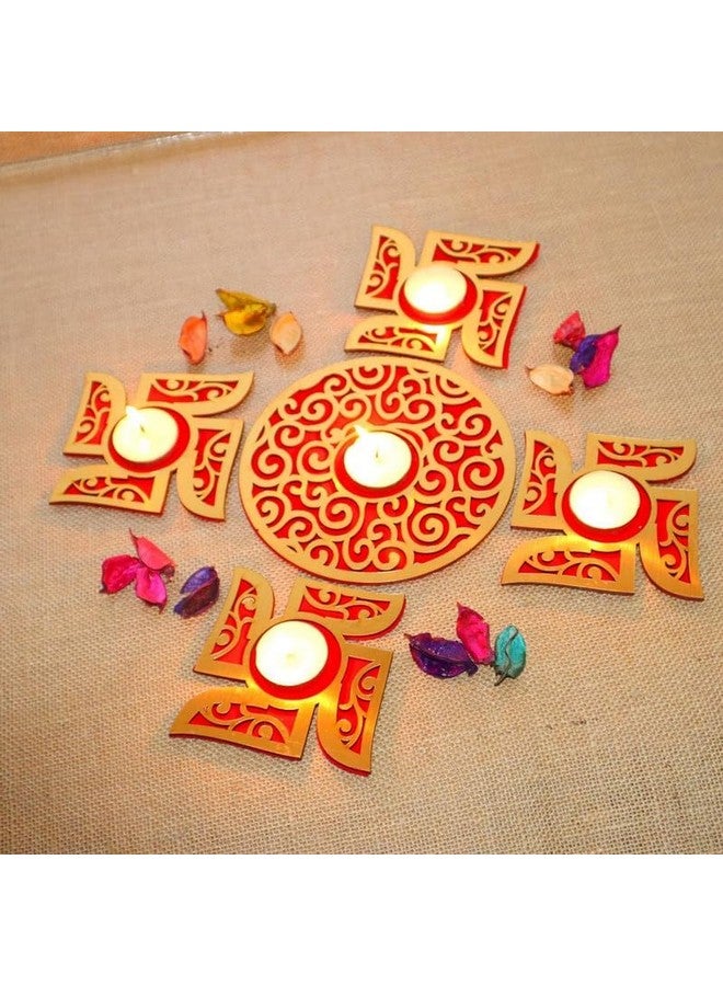Saudeep India MDF Wood Readymade Rangoli Set With Tealights for Diwali Decoration | Tea Light Candle | Home Decor Best Festive Corporate Gift Item (Swastik Shape) - Image 1