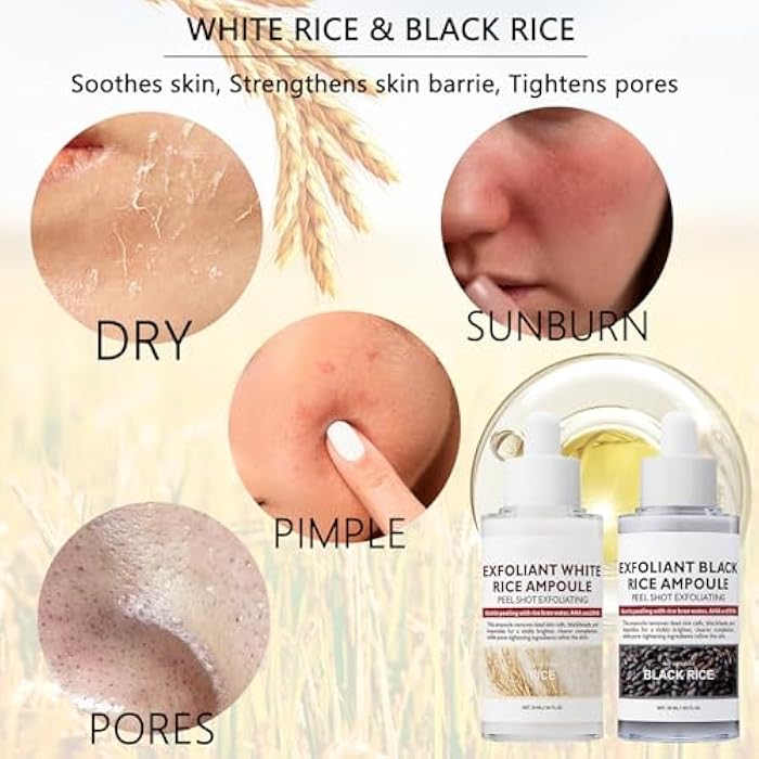 Qawnfy 2PCS Peel Shot Glow Rice Ampoule Duo, Rice Exfoliating Ampoule Set, Black and White Rice Exfoliant, Rice Ampoule Duo Exfoliating Solution, Gentle Peel + Pore Minimizing & Deep Hydration for All Types - Image 4