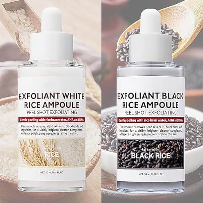 Qawnfy 2PCS Peel Shot Glow Rice Ampoule Duo, Rice Exfoliating Ampoule Set, Black and White Rice Exfoliant, Rice Ampoule Duo Exfoliating Solution, Gentle Peel + Pore Minimizing & Deep Hydration for All Types - Image 2
