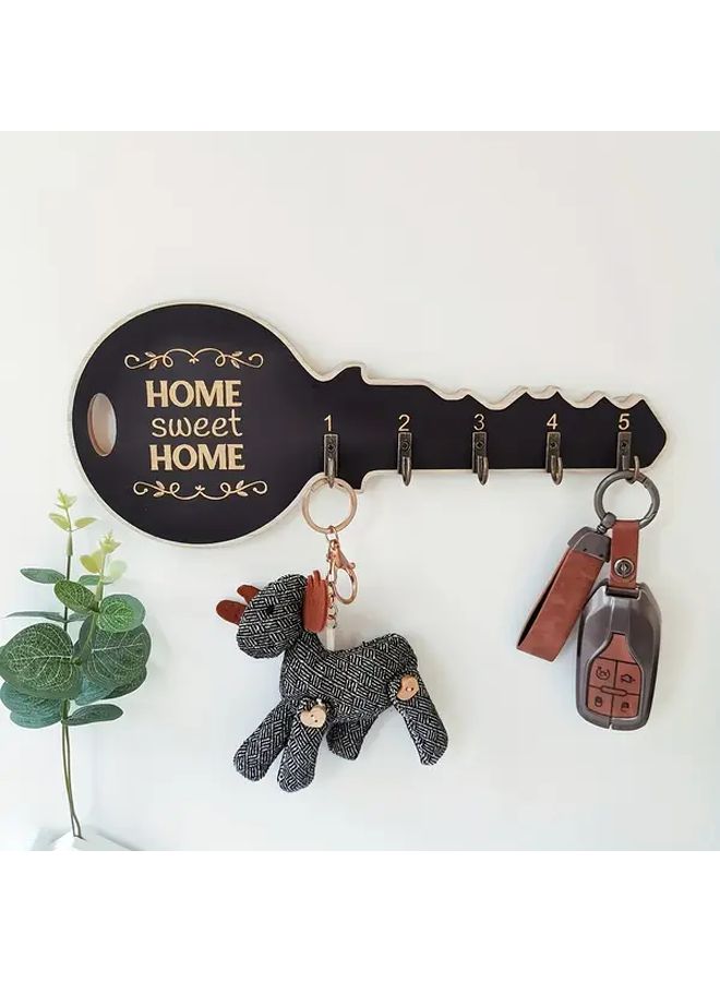 Black Rustic Wooden Key Shaped Wall Hook Vintage Style Space Saving Organizer - Image 1