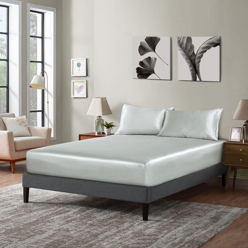 P Pothuiny Satin Fitted Sheet Queen Size 1 Single Fitted Sheet Only Extra Soft Deep Pocket Bottom Bed Sheets Mattress Cover Fits 12 to 16 Wrinkle Free Fully Elasticized Silver Grey