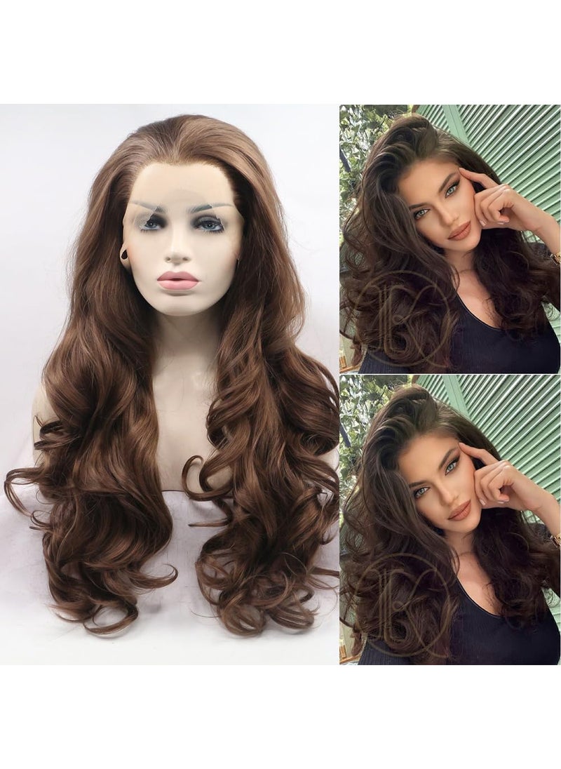 Xiweiya xiweiya Long Mixed Brown Wig Body Wave Chestnut Brown Synthetic Lace Front Wig Middle Part Heat Resistant Fiber Hair Natural Hairline 24 inches High Density Wig 