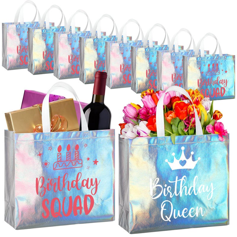 Clysee 10 Pack Reusable Birthday Squad Birthday Queen Gift Bag with Handle Large Tote Bag for Women(Iridescent Color) - Image 1