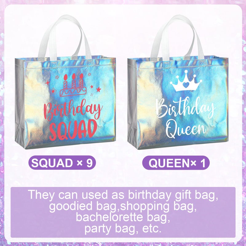 Clysee 10 Pack Reusable Birthday Squad Birthday Queen Gift Bag with Handle Large Tote Bag for Women(Iridescent Color) - Image 2