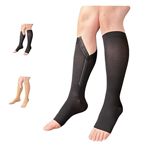 Ziperior Open Toe 15-20 mmHg Compression Grade Calf Pain Leg Inside Zipper Socks (Black, Large-X-Large) - Image 1