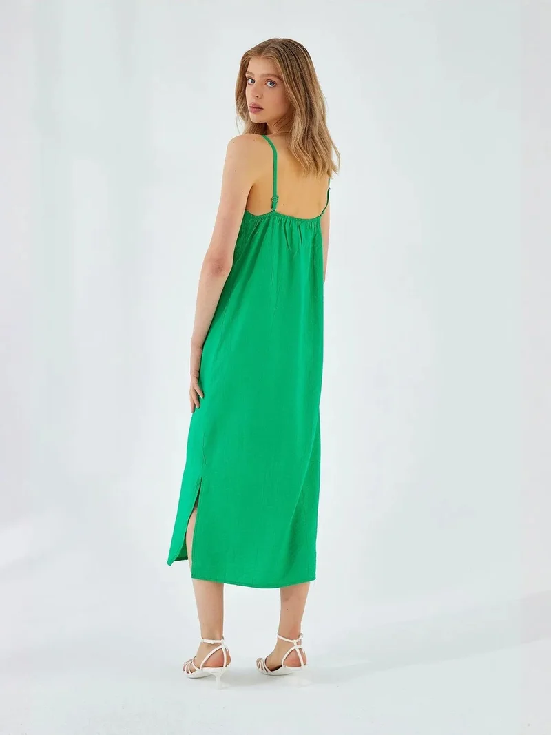 Mixray Emerald Green Mixray V-Neck Slit Midi Dress for Women | Best Price UAE