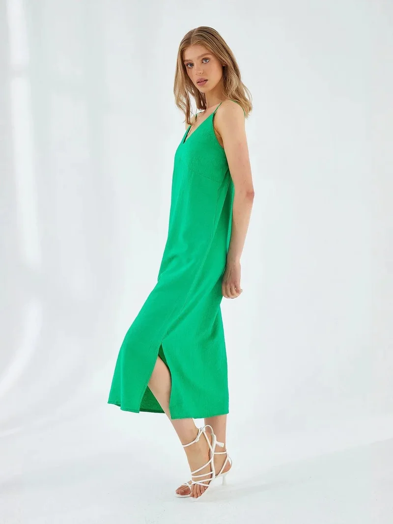 Mixray Emerald Green Mixray V-Neck Slit Midi Dress for Women | Best Price UAE