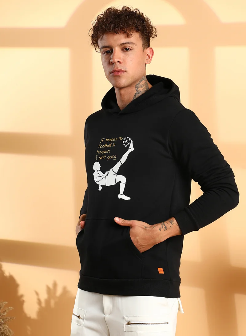 Campus Sutra Men's Black Football Hoodie With Kangaroo Pocket
