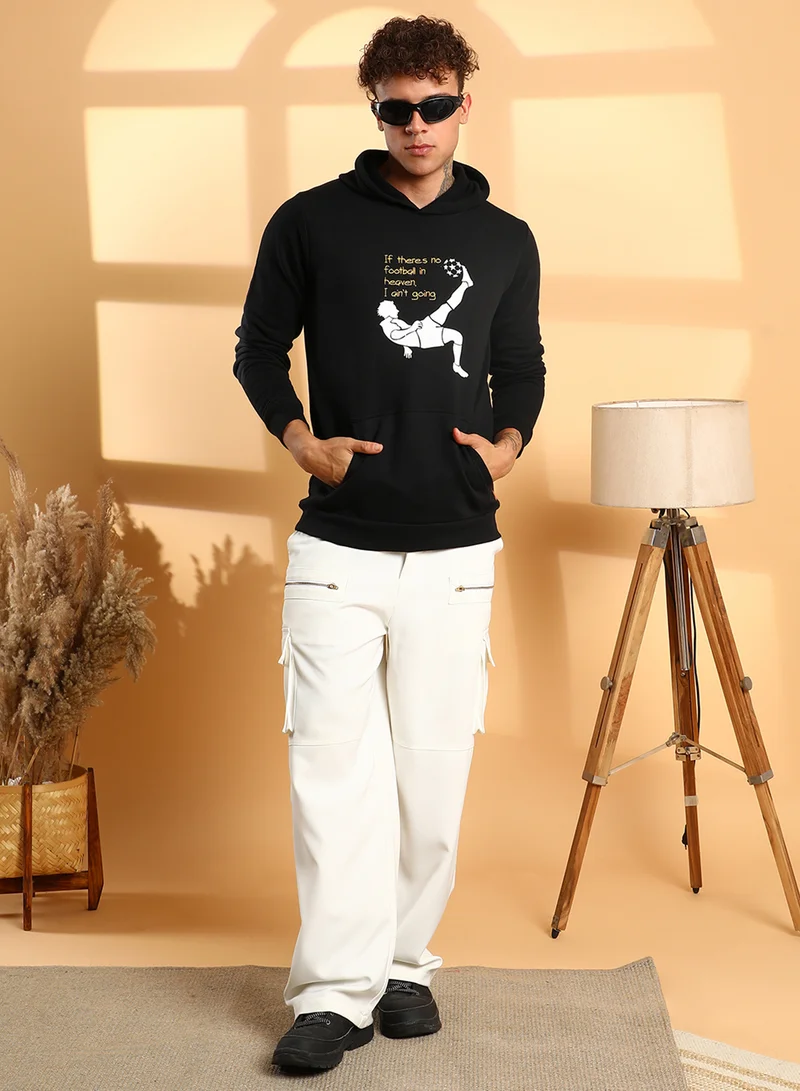 Campus Sutra Men's Black Football Hoodie With Kangaroo Pocket
