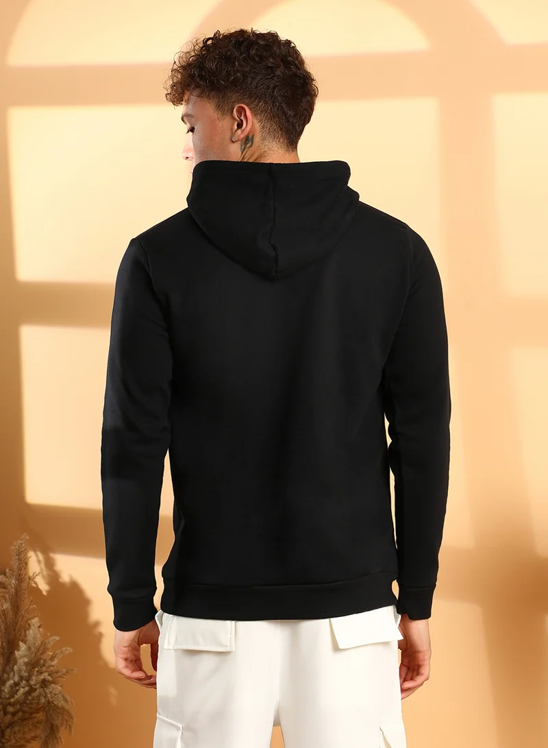 Campus Sutra Men's Black Football Hoodie With Kangaroo Pocket