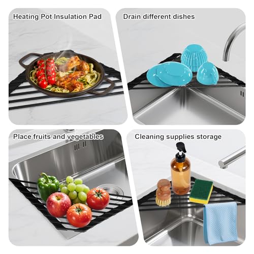 HANZENMA Triangular Sink Rack, Multi-Functional Rack Above the countertop, Foldable Sink Drying mat, Heat-Resistant, Non-Slip, and Rust-Proof Dish Rack (Black) - Image 3