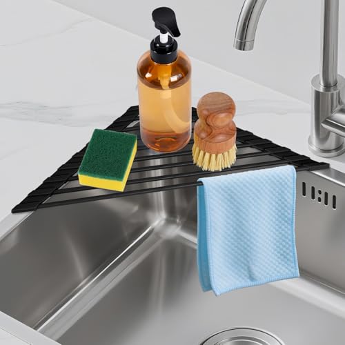 HANZENMA Triangular Sink Rack, Multi-Functional Rack Above the countertop, Foldable Sink Drying mat, Heat-Resistant, Non-Slip, and Rust-Proof Dish Rack (Black) - Image 1