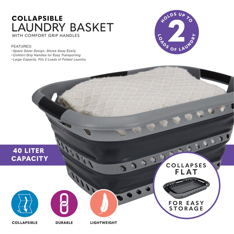 Laundry 360 Collapsible Laundry Basket | Portable | Space Saver Storage | Hold 2 Loads | Store Under the Bed or Closet | Good for Kids | Dorm | Bedroom | Large | Grey/Black - Image 2