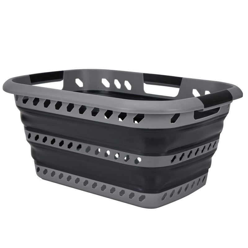 Laundry 360 Collapsible Laundry Basket | Portable | Space Saver Storage | Hold 2 Loads | Store Under the Bed or Closet | Good for Kids | Dorm | Bedroom | Large | Grey/Black - Image 1