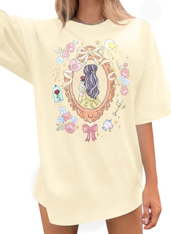 MYHALF Oversize Magical Shirt for Women Princess Tshirt Magic Kingdom Shirt Family Vacation Tees Girls Trip Short Sleeve Tops, Belle Apricot, M - Image 1