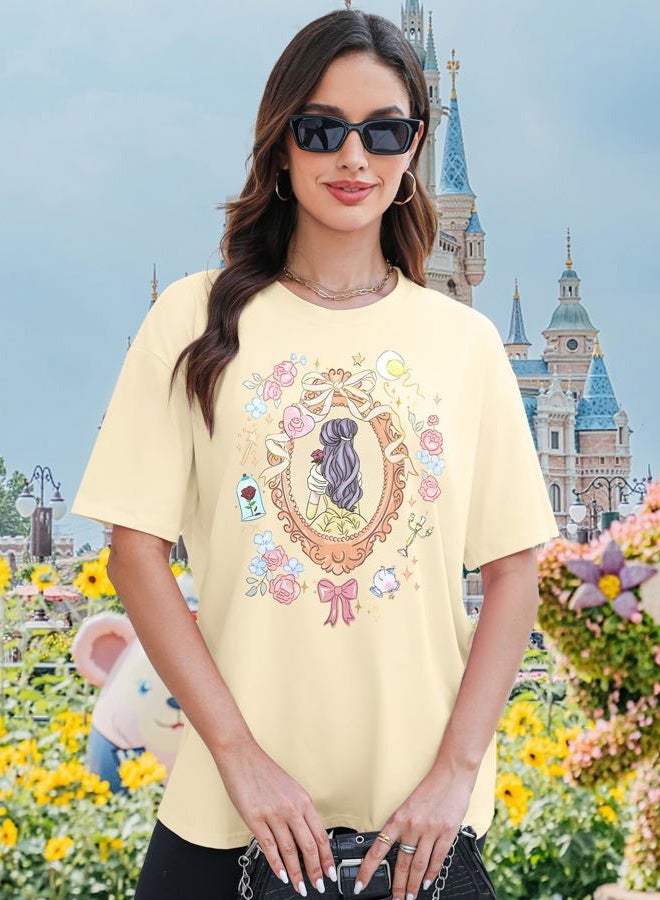 MYHALF Oversize Magical Shirt for Women Princess Tshirt Magic Kingdom Shirt Family Vacation Tees Girls Trip Short Sleeve Tops, Belle Apricot, M - Image 3