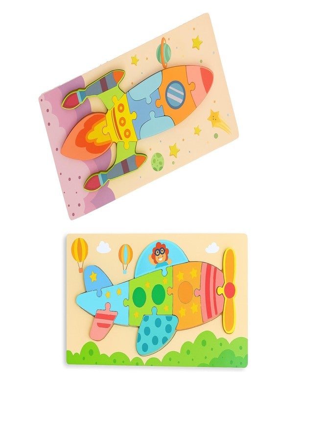 IndusBay® Pack of 2, Colorful Montessori Wooden 3D Jigsaw Puzzle Educational Gift Toys for Toddler Kids Boys and Girls, Space Theme, Multicolor - Image 1