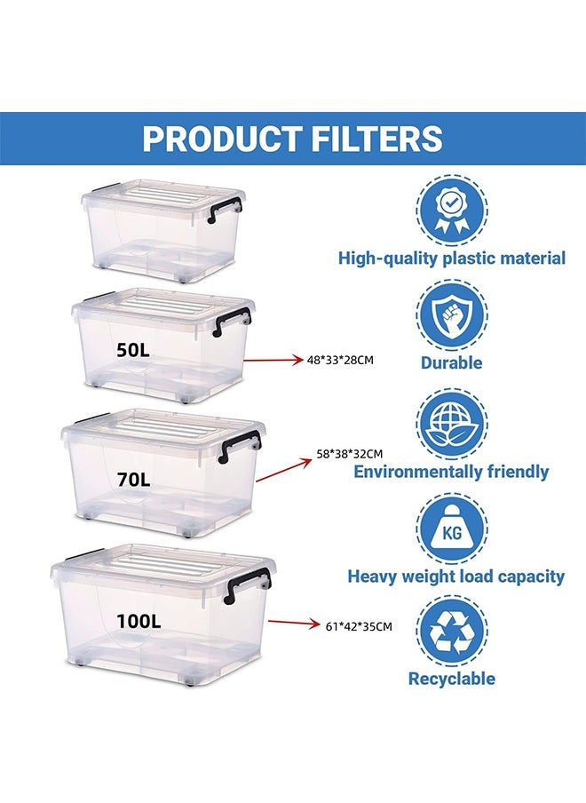 Generic - Storage plastic boxes with lid and wheels, for moving, lockable container with handles, transparent  organiser bin, heavy duty container - Image 1
