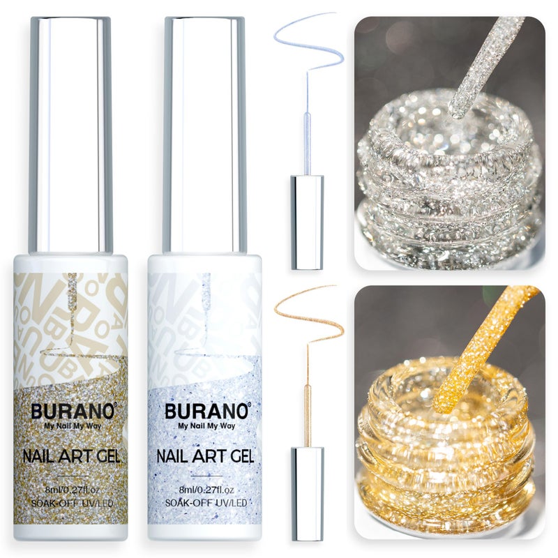 BURANO Holographic Gel Nail Polish Liner Nail Art Polish, Silver Gold Reflective Glitter Painted Gel Nail Design Polish 2 Bottle 8ml, Build in Thin Nail Brush Curing Required LX17 LX13 - Image 1