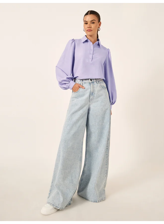 ستايلي Styli Balloon Sleeve Textured Spread Collar Shirt