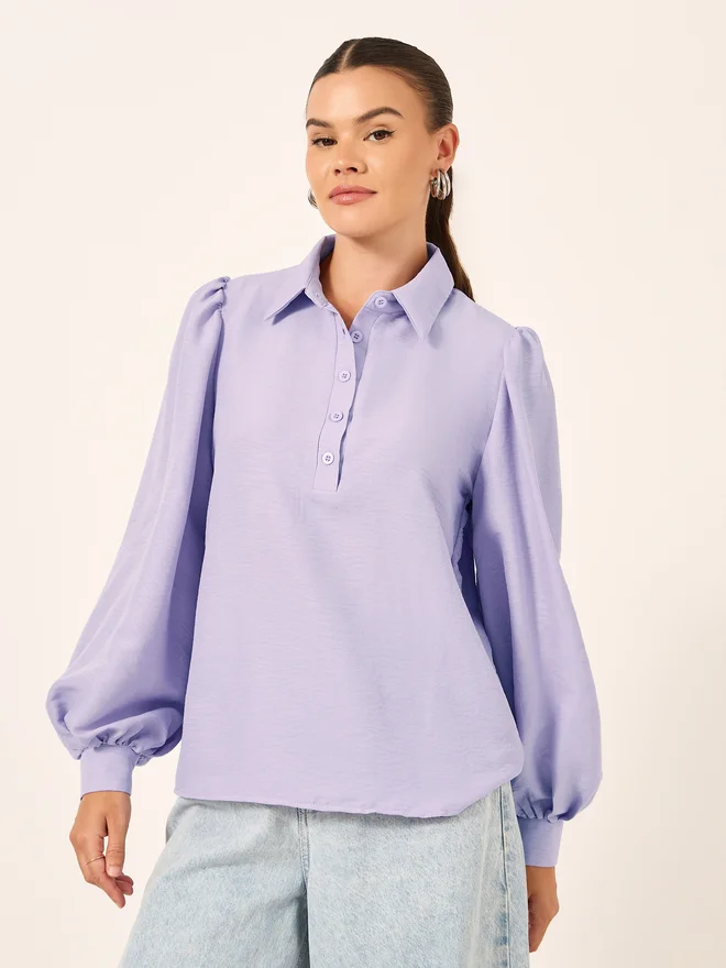 Styli Styli Balloon Sleeve Textured Spread Collar Shirt