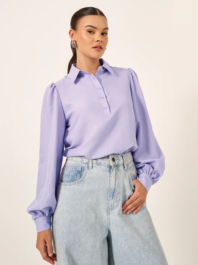 Styli Styli Balloon Sleeve Textured Spread Collar Shirt