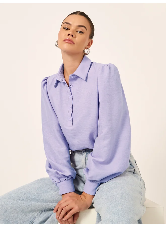ستايلي Styli Balloon Sleeve Textured Spread Collar Shirt