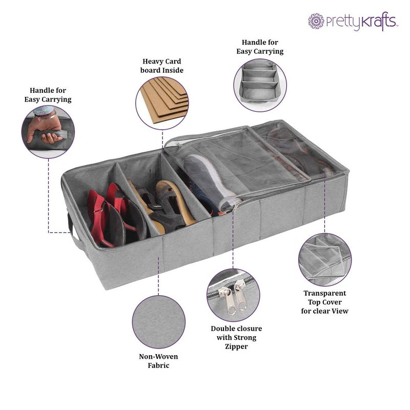 PrettyKrafts PrettyKrafts 5 Pair Shoe Storage Box Large Underbed Storage Shoe Bag Shoe Organizer Underbed Closet Travel Shoe Cover Mens Shoes Covers Storage Boxes Folding Shoe Box Set of 2 Grey  - Image 4