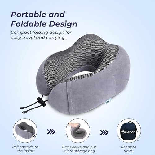Billebon Neck Pillow for Travel – Cool-Gel Infused Memory Foam Support, U-Shape Ergonomic Design, Portable for Flight Journeys, Lightweight Compact Build, Soft Washable Cover (Grey) - Image 5