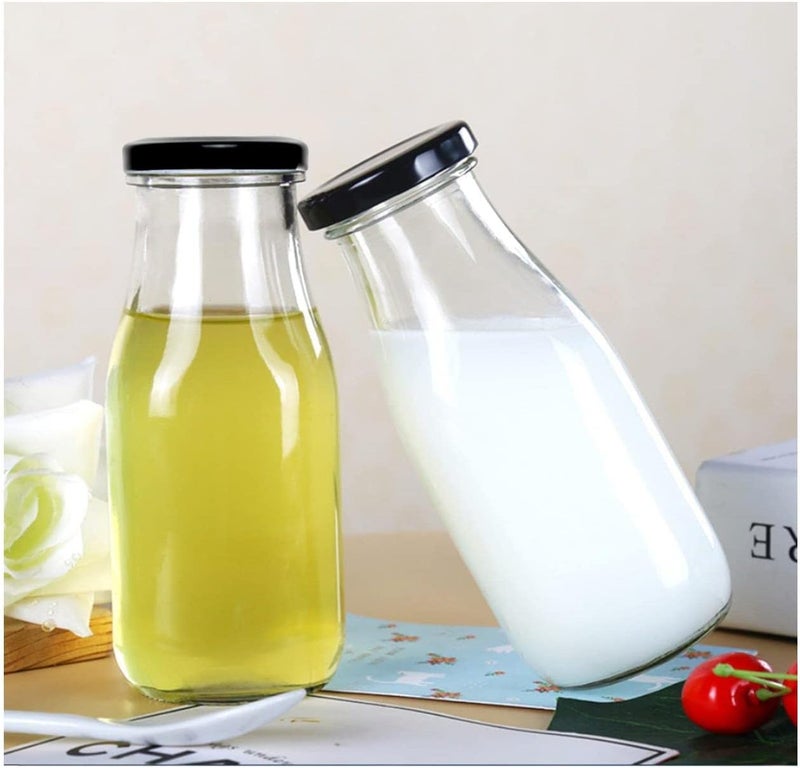 فوفو زجاجات FUFU سعة 12 أونصة، زجاجات حليب زجاجية شفافة بأغطية معدنية سوداء محكمة الإغلاق، حاوية مشروبات فطور كلاسيكية، زجاجات شرب كلاسيكية (عبوة من 12 قطعة) - Image 3