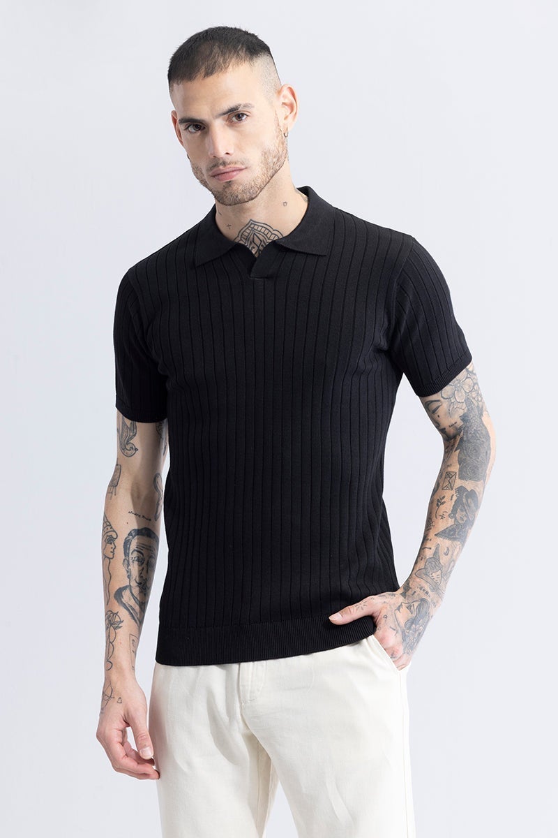 SNITCH Sleek Striped Black Polo T-Shirt - Image 2
