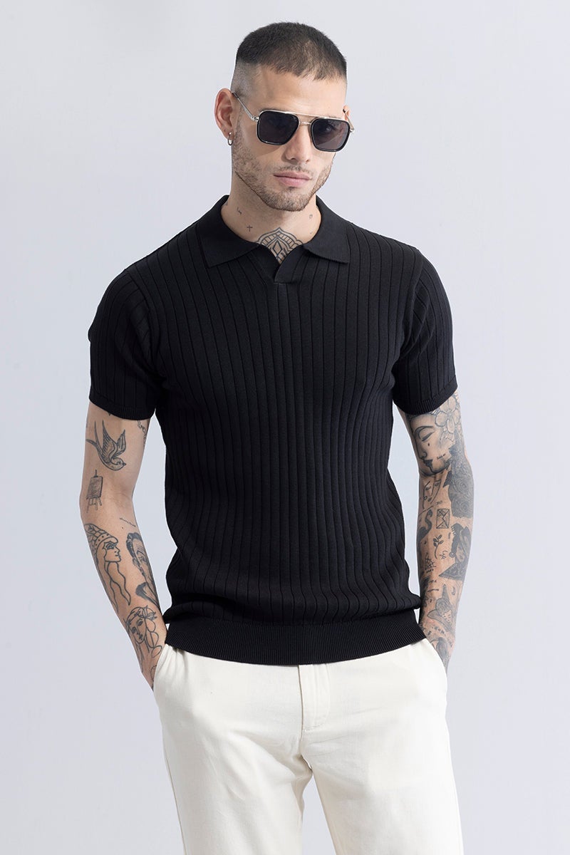 SNITCH Sleek Striped Black Polo T-Shirt - Image 1