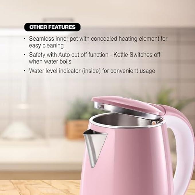 Usha Cool Touch Electric Kettle 1800 Watt18 LiterDouble Layered Cool Touch Outer BodySafety With Auto CutOff FunctionSs304 Grade Stainless Steel Inner BodyWider Mouth2 Years Warranty Pink - Image 2
