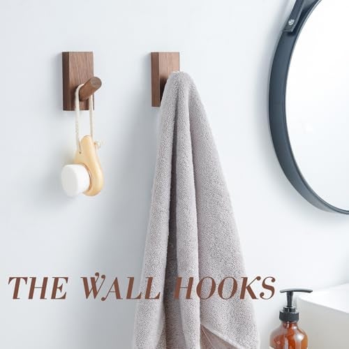 Felidio Natural Wooden Wall Hooks, Adhesive & Screw Mount Coat and Towel Hooks - Decorative Key Holder, Hat Rack, Stocking Wall Hangers for Bathroom Entryway Closet - 4 Pack, Walnut Wood - Image 2
