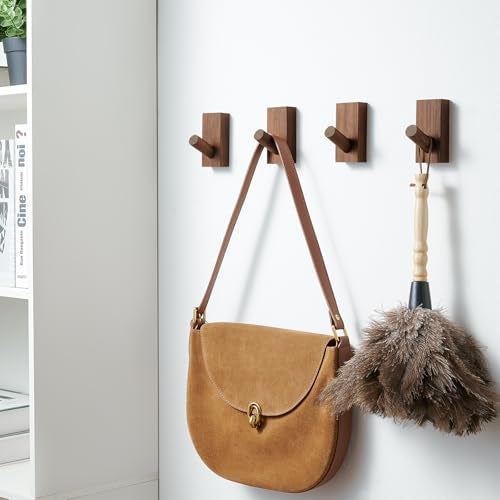 Felidio Natural Wooden Wall Hooks, Adhesive & Screw Mount Coat and Towel Hooks - Decorative Key Holder, Hat Rack, Stocking Wall Hangers for Bathroom Entryway Closet - 4 Pack, Walnut Wood - Image 5