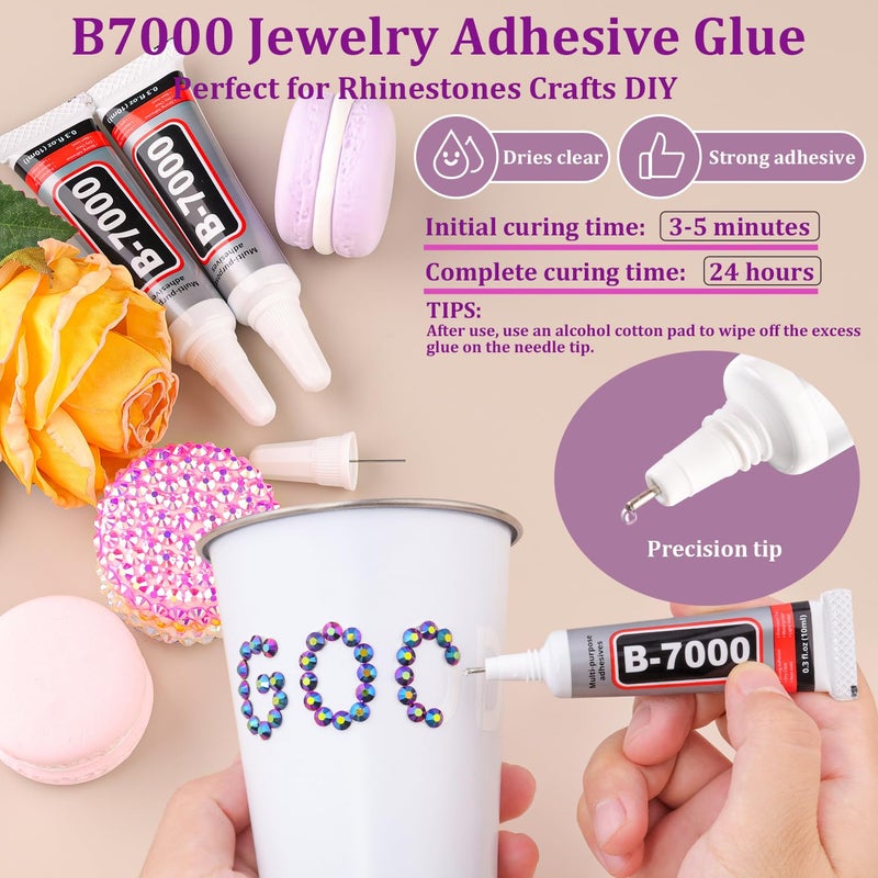 TINKRSTUFF أحجار الراتنج الجيلاتينية للتزيين مع غراء المجوهرات B7000، صندوق واحد من الكريستال الأسود الأرجواني AB ظهر مسطح مع 3 قطع 10 مل من الغراء، أحجار غير قابلة للتثبيت الحراري للتزيين للأكواب الزجاجية والملابس والأحذية والمانيكير - Image 4