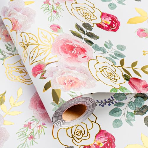 Merture Wrapping Paper Roll with Watercolor Roses - 17 In x 32.8 Ft (46.5 sqft) Foil Floral Gift Wrap with Matte Gold Reverse for Mother’s Day, Wedding, Birthday, Bridal Shower, Valentines Day - Image 1