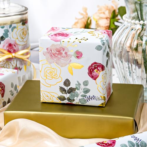 Merture Wrapping Paper Roll with Watercolor Roses - 17 In x 32.8 Ft (46.5 sqft) Foil Floral Gift Wrap with Matte Gold Reverse for Mother’s Day, Wedding, Birthday, Bridal Shower, Valentines Day - Image 5