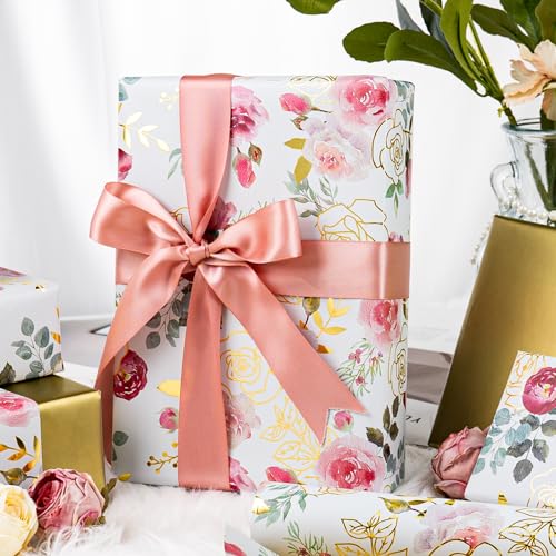 Merture Wrapping Paper Roll with Watercolor Roses - 17 In x 32.8 Ft (46.5 sqft) Foil Floral Gift Wrap with Matte Gold Reverse for Mother’s Day, Wedding, Birthday, Bridal Shower, Valentines Day - Image 2
