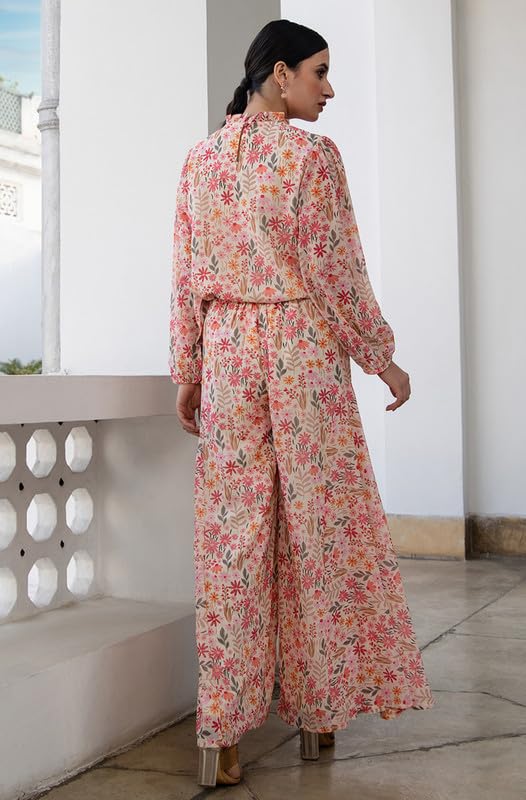 Janasya Women's Beige Georgette Floral Regular Co-ord Set(SET982-CO-ORD-XL) - Image 4