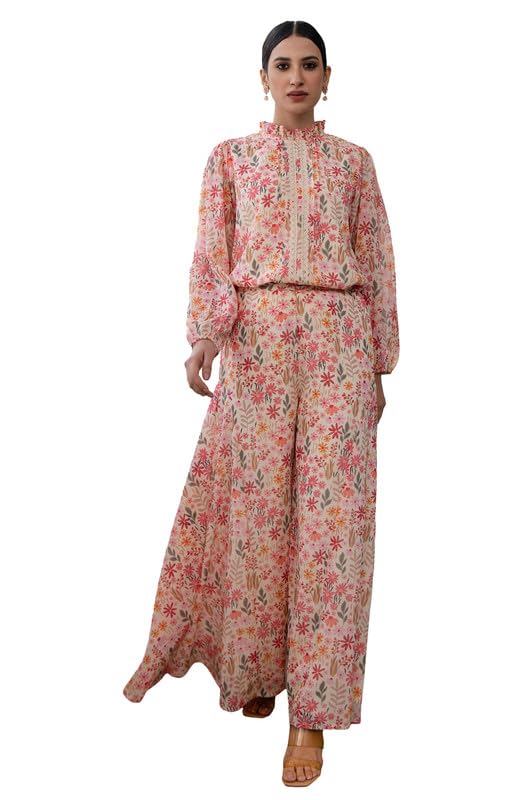 Janasya Women's Beige Georgette Floral Regular Co-ord Set(SET982-CO-ORD-XL) - Image 1