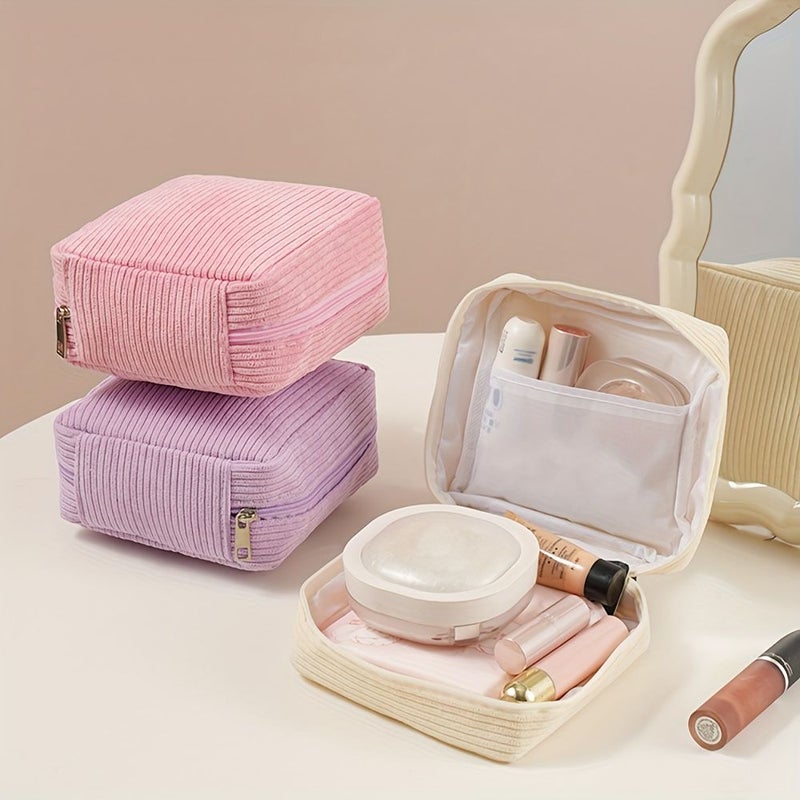 1pc Purple Corduroy Letter Print Travel Makeup Bag Compact Toiletry Organizer Ideal for Business Trips Travel - Image 3