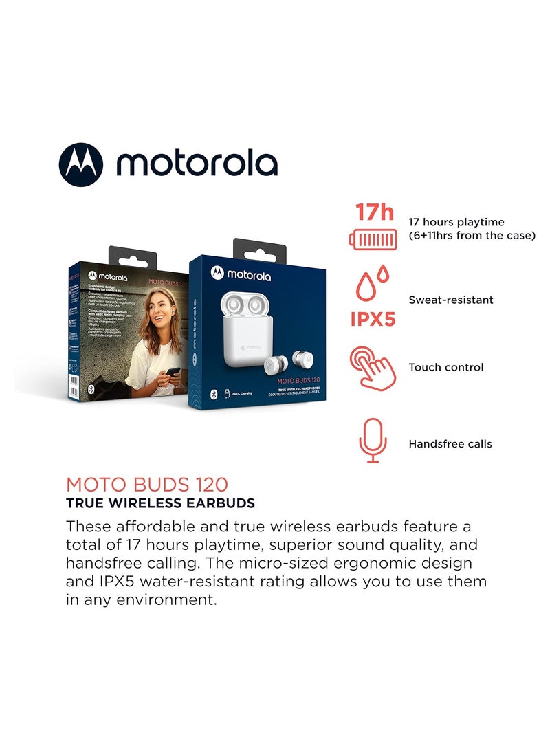 Motorola Sound Moto Buds 120 | Wireless Earphones | Bluetooth | Waterproof and Sweatproof | Touch and Voice Control White - Image 2