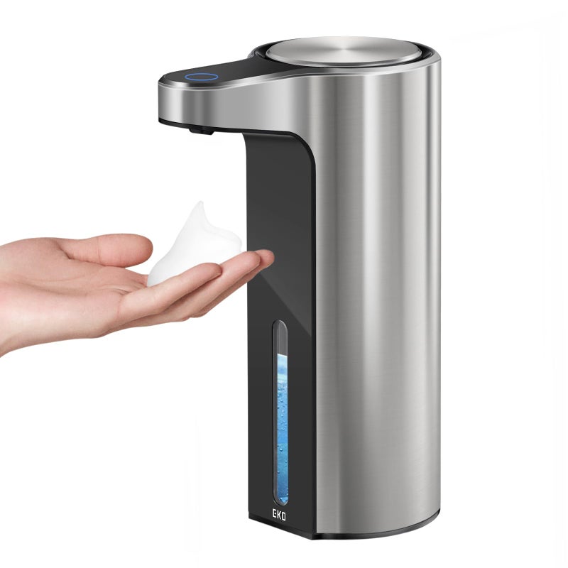 EKO Automatic Foaming Soap Dispenser, Touchless Foam Hand Soap Dispenser for Bathroom and Kitchen, Water-Resistant and Rechargeable, 9 fl oz, Modern Design for Homes and Offices (Stainless) - Image 1