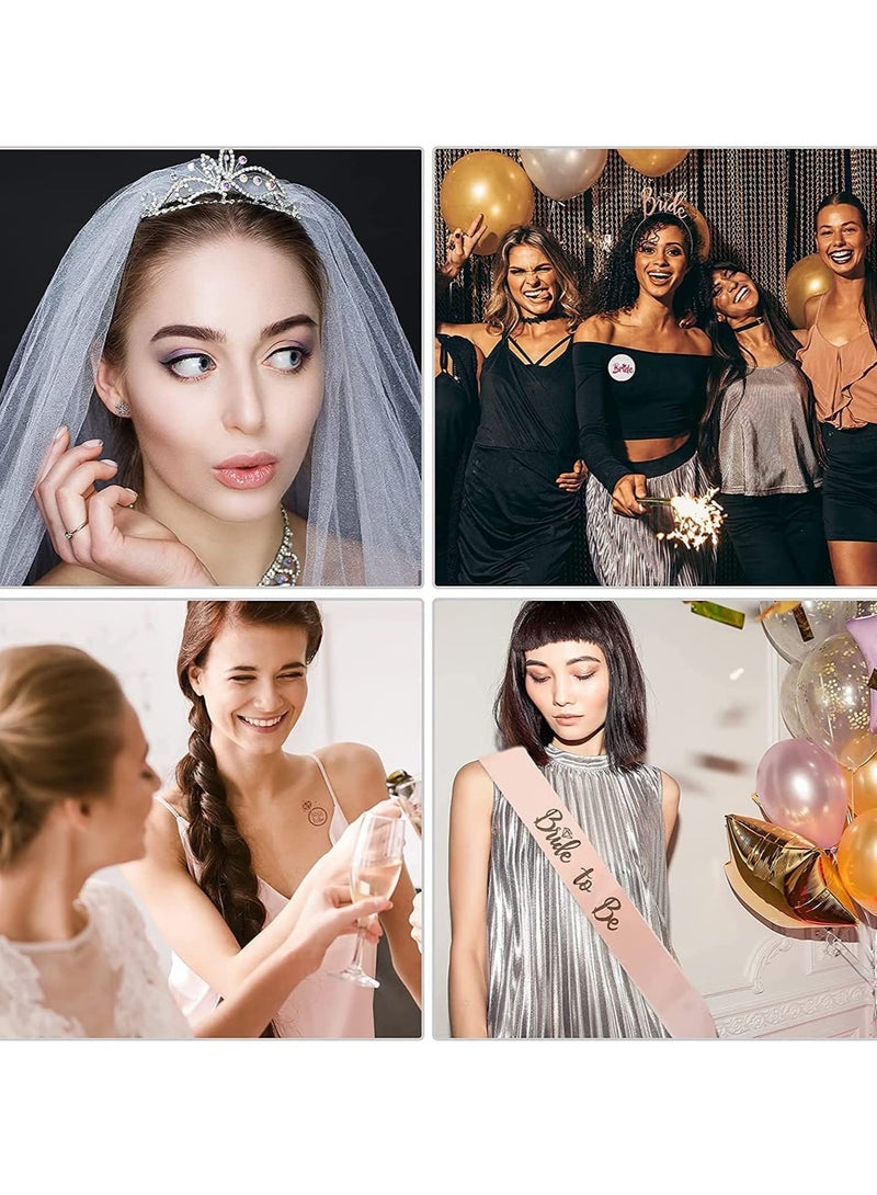 KASTWAVE Bachelorette Party Decorations, 17 Pieces Bridal Shower Decoration, Bride to Be Set with Satin Sash, Garter, Rosette Brooch, Headband, Tiara, Veil, Pink Glasses, Stickers - Image 5