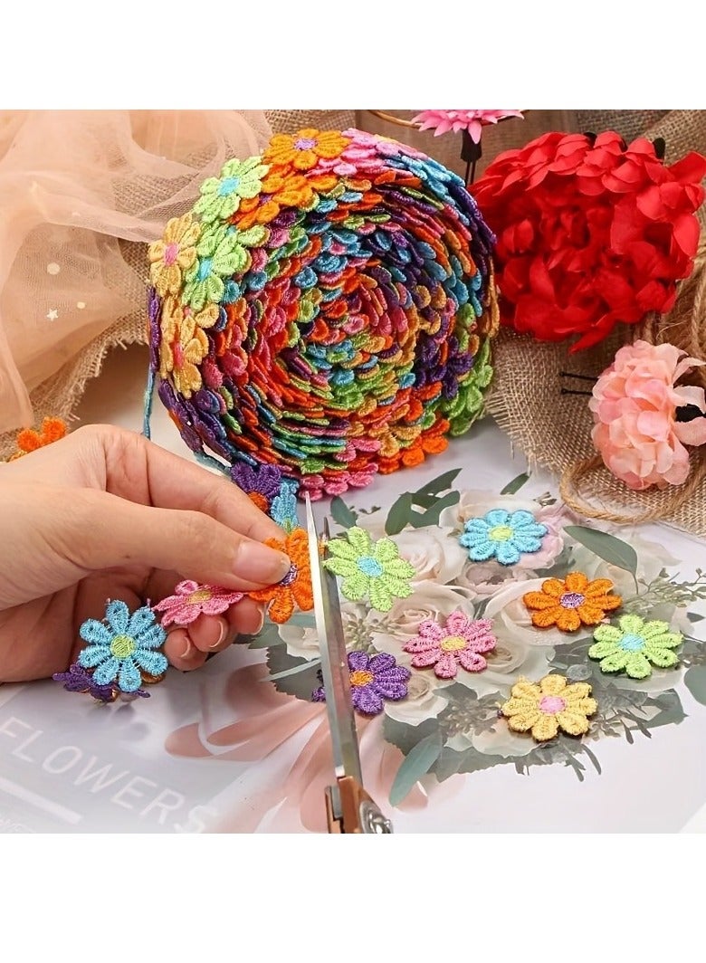 Generic Lace Trim Daisy Flowers Sewing Ribbon Colorful Embroidered Applique Fabric With 2.5CM 15Yards for Decorations Crafts Supplies Wedding Dresses Embellishment Party Decor Clothes - Image 1