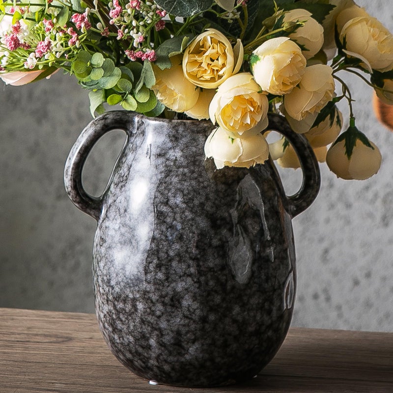 Kimdio Ceramic Modern Farmhouse Vase with 2 Handles  Black Ceramic Vases for Home Decor  Rustic Pottery Vase  Decorative Terracotta Flower Vase  Boho Clay Vase for Table Living Room Shelf Mantel Decor - Image 2