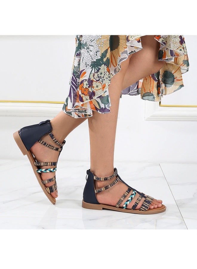 NIBEMINENT Bohemian Style Flat Heel Sandals Women's   Open-toed Roman Sandals Summer  Beach Tassels Casual Zipper  - Image 2